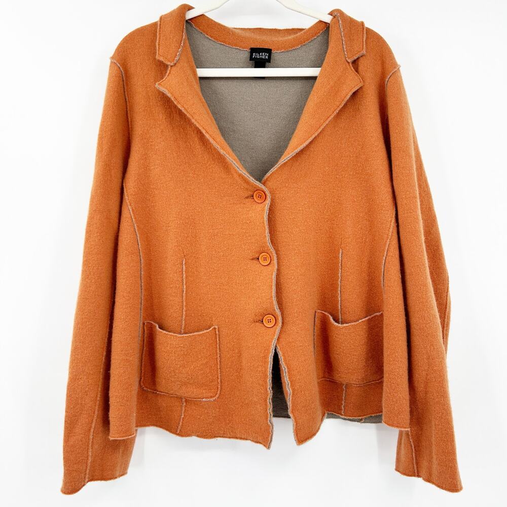 Eileen Fisher‎ Womens Button Front 100% Merino Wool Jacket Blazer Size L Orange